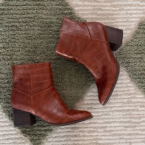 Croc-Embossed Brown Ankle Booties with Block Heel